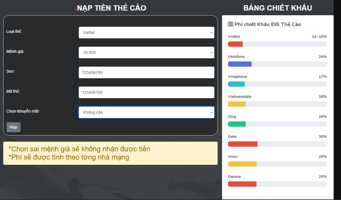 nạp tiền bằng thẻ cào